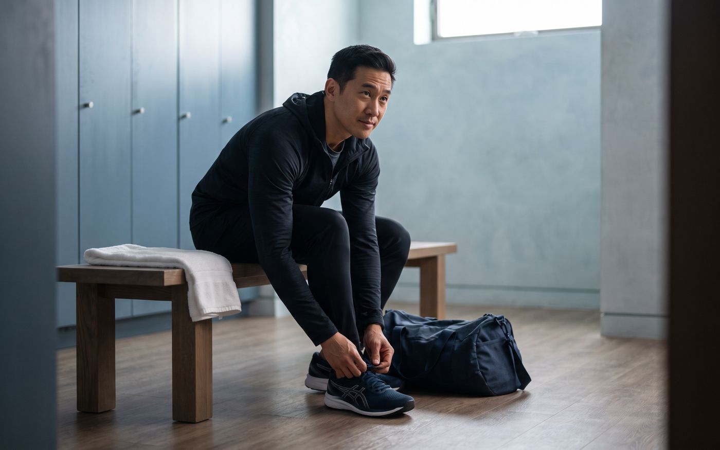 Uomo che allaccia le scarpe da ginnastica accanto a una borsa blu, pianificando il recupero dopo il trapianto
