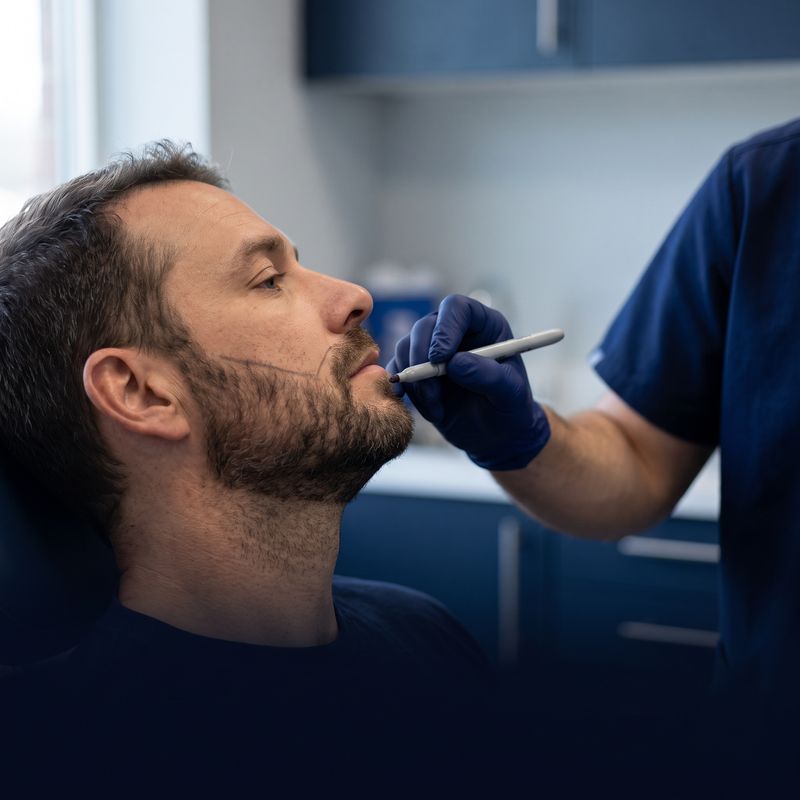 Uomo con barba rada durante la consulenza per il trapianto di barba
