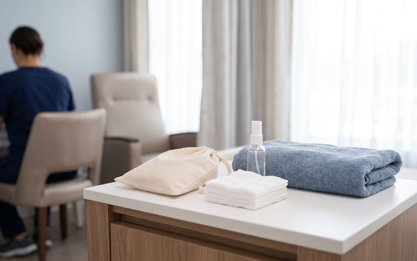 Pochette post-operatoria, garze, spray e asciugamano per il recupero dopo il trapianto