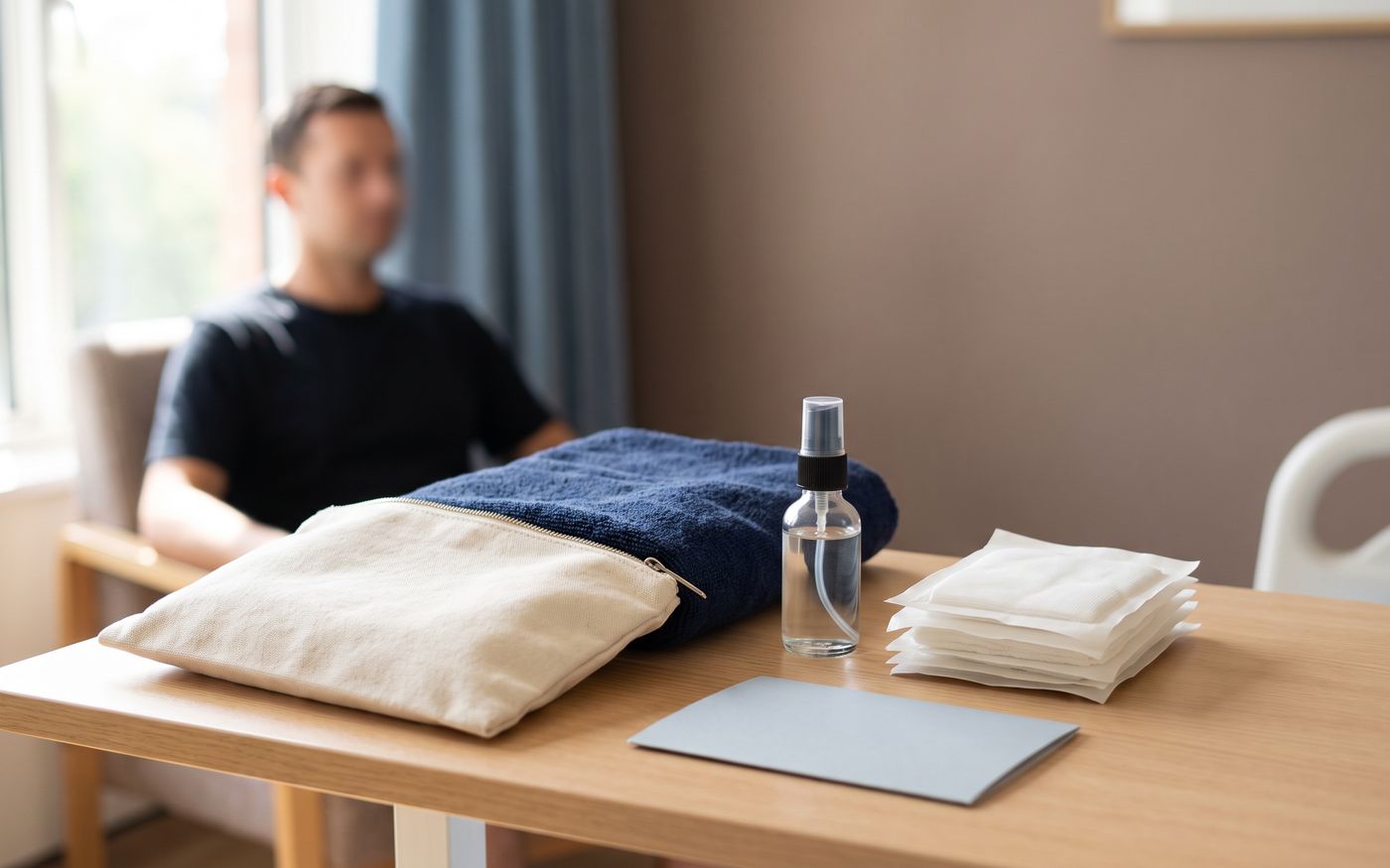 Pochette post-operatoria, garze, spray e asciugamano per il recupero dopo il trapianto di barba