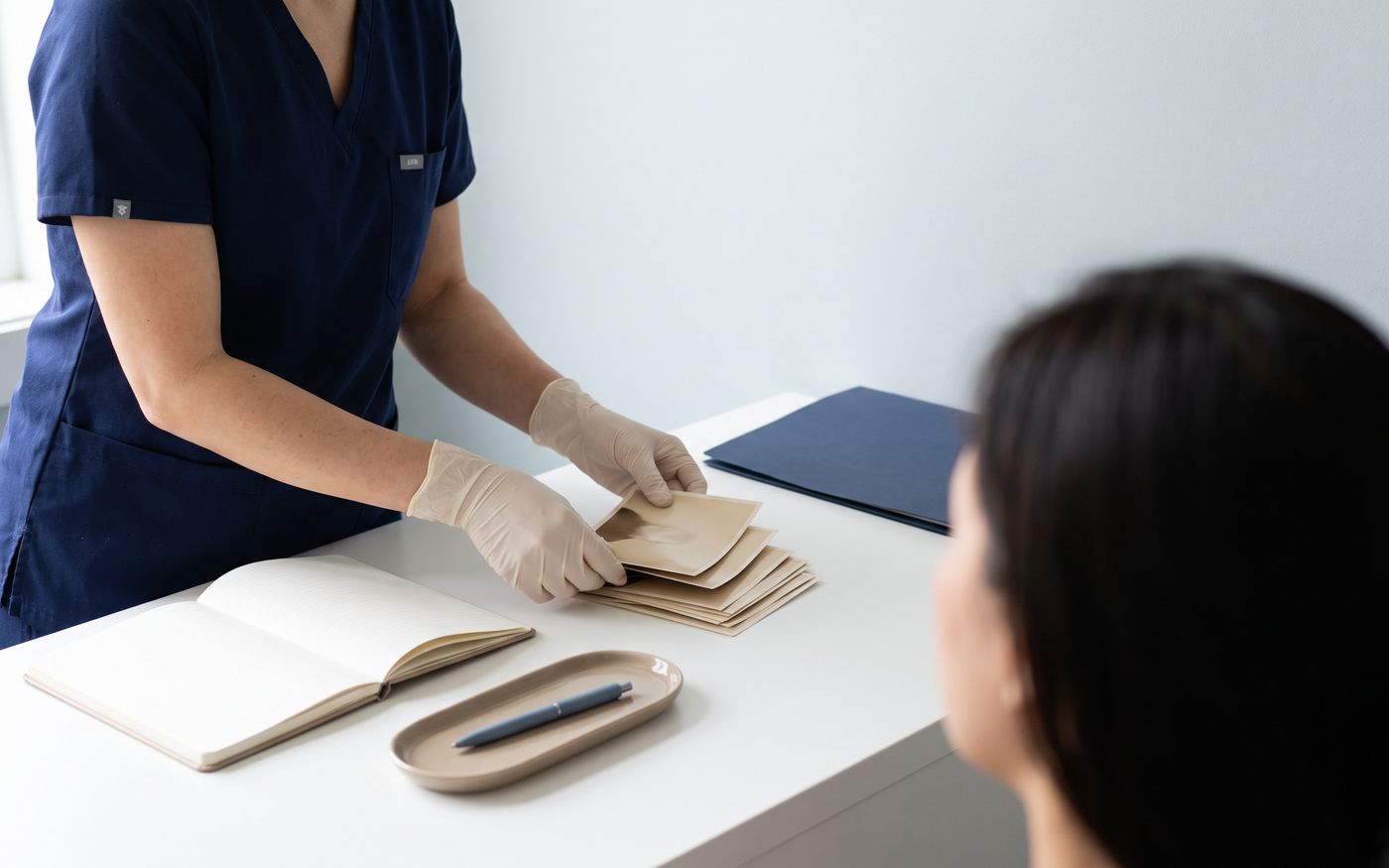 Medico con guanti che ordina le foto di riferimento per pianificare gli innesti al vertice