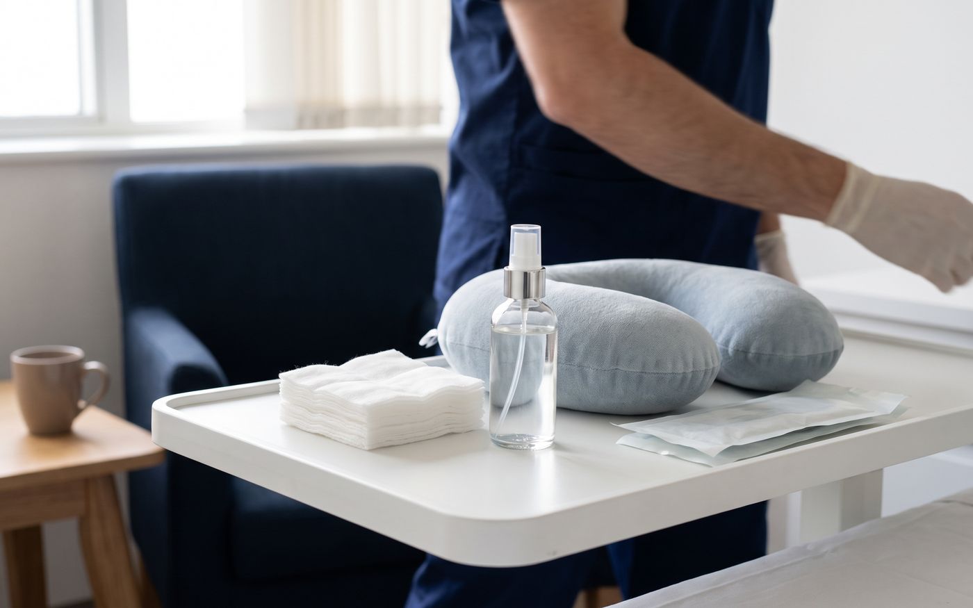 Garze, spray, cuscino da viaggio e buste sterili per la cura dopo il trapianto di sopracciglia