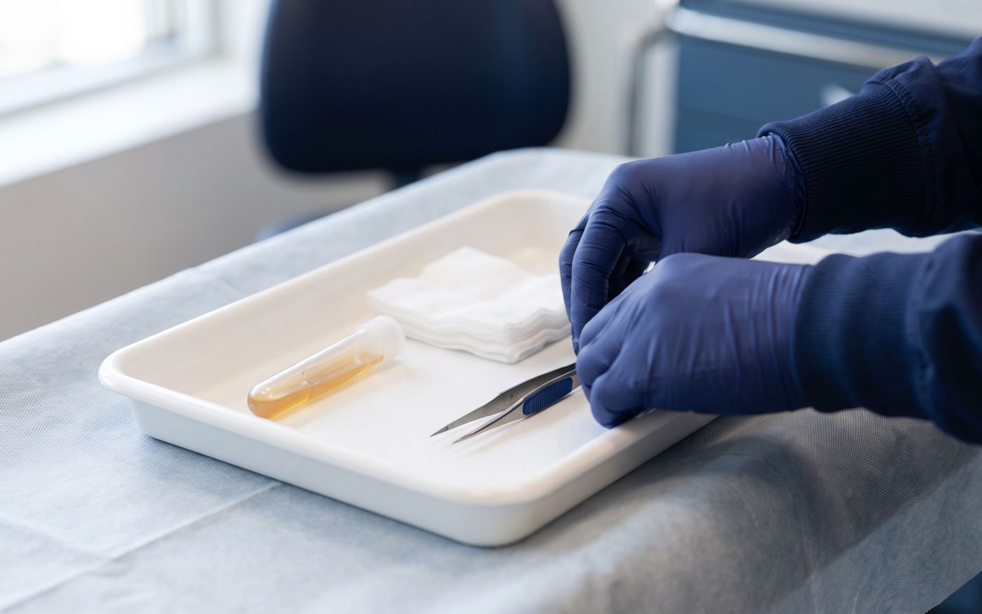 Provetta di PRP, garze sterili e micro-pinzette su vassoio per il trapianto di capelli femminile