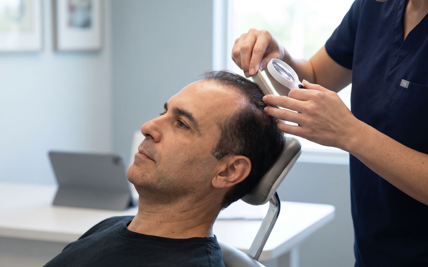 Consulenza per FUE zaffiro: esame della densità dei capelli con lente e pettine