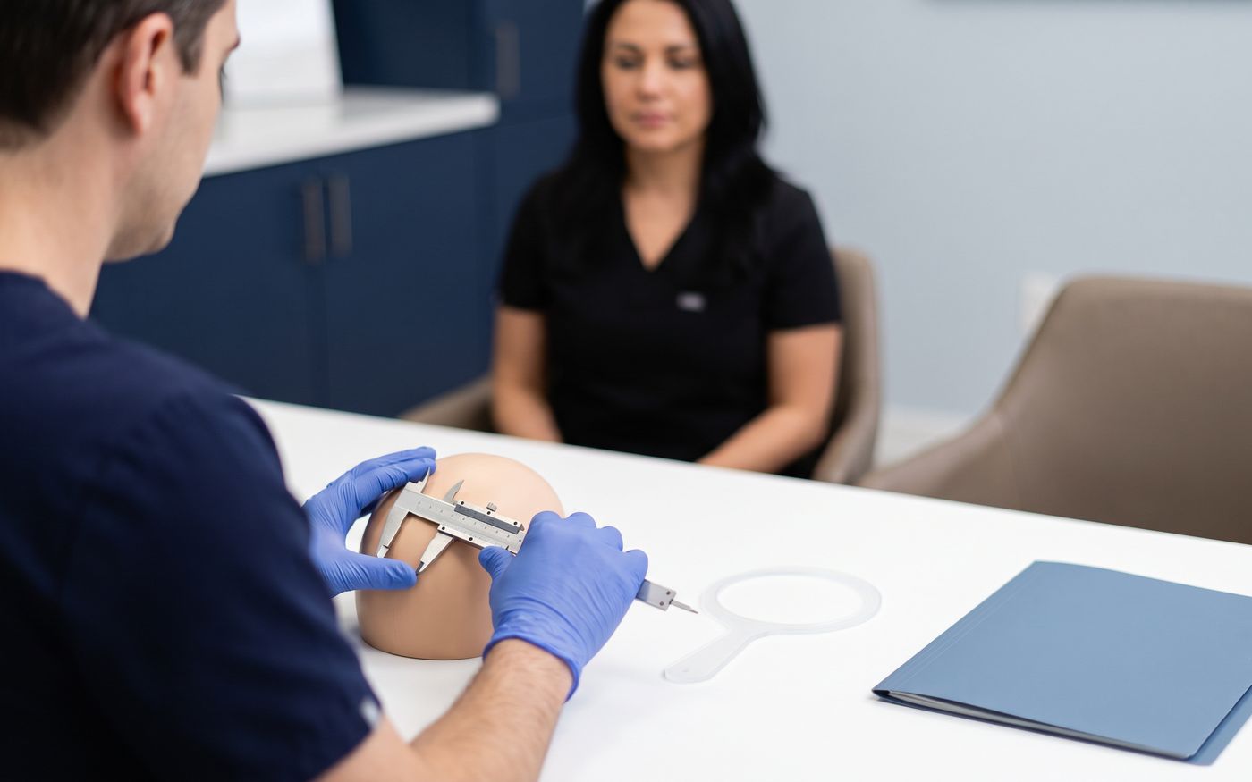 Medico che misura un modello del cuoio capelluto per pianificare il numero di innesti