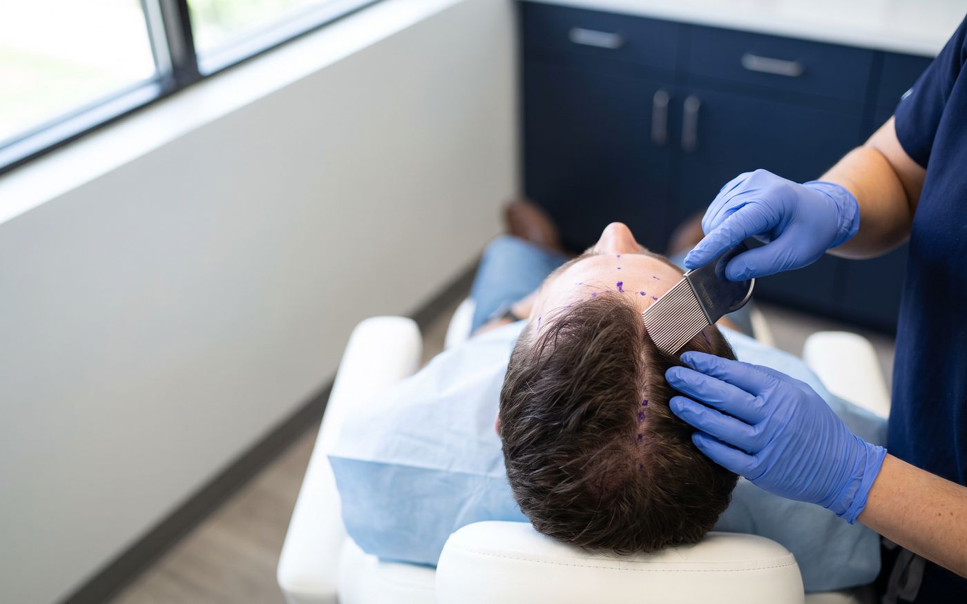 Pianificazione degli innesti al vertice per un trapianto senza rasatura, con guanti e pettine sterile