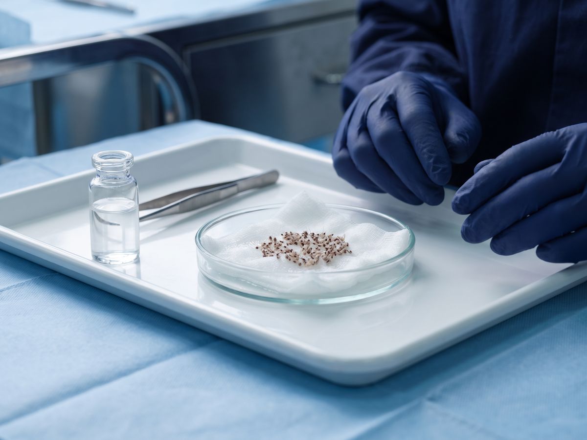 Medico che inserisce gli innesti tra i capelli esistenti del cuoio capelluto