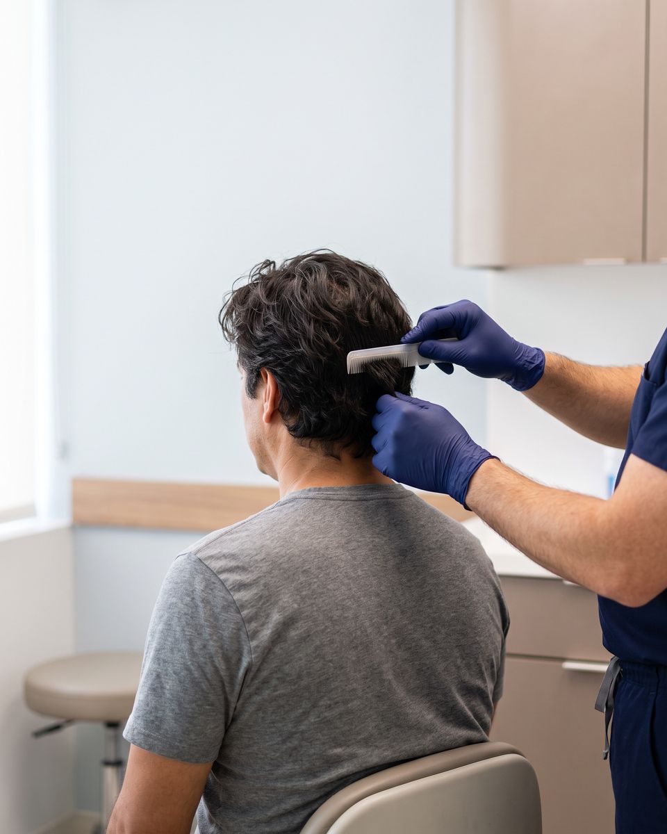 Medico che separa capelli di media lunghezza per un trapianto senza rasatura