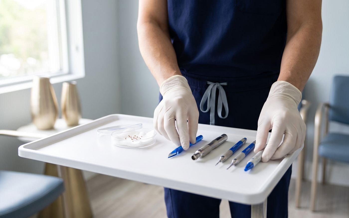 Strumenti per FUE zaffiro e DHI con innesti follicolari su un vassoio sterile