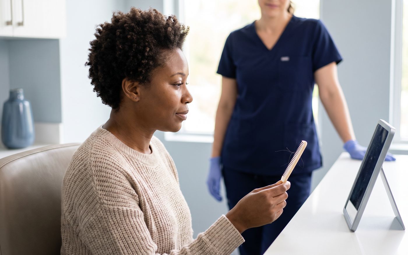 Donna che controlla il pettine allo specchio durante una consulenza sull'effluvio da shock