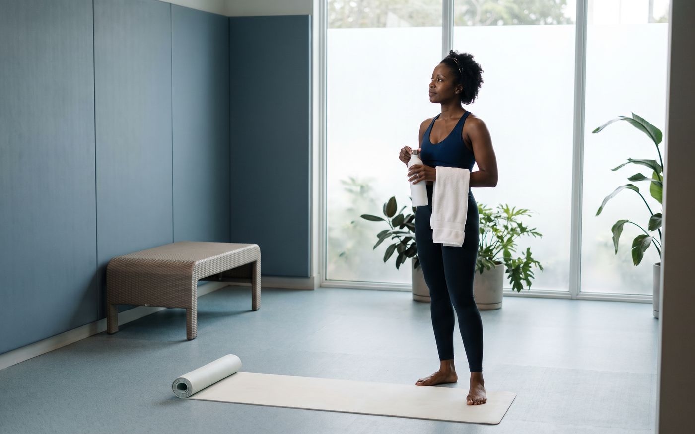Donna con un asciugamano in una palestra tranquilla, mentre pianifica lo sport dopo il trapianto